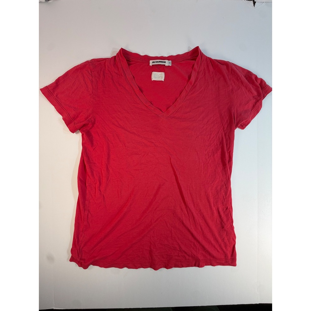 Jil Sander Red V-Neck Cotton T-Shirt Made in Italy Size M Vintage Treatment